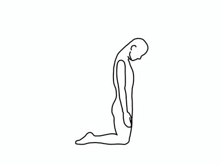 膝立ちして下を見る人 膝立ち,頚前屈,横向き,線画,白黒のイラスト素材