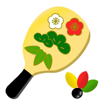 松竹梅の羽子板と羽根　まんまる　正月 羽子板,羽根付き,羽根,松竹梅,丸い,かわいい,手描きのイラスト素材