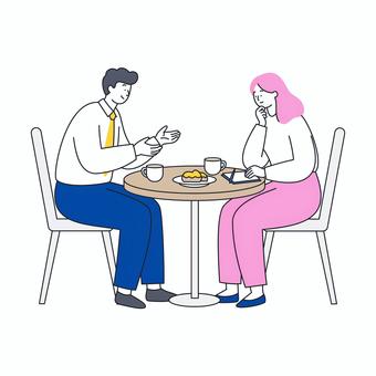 カフェで打ち合わせをするビジネス男女 カフェで打ち合わせをするビジネス男女 人物,男性,女性,会話,打ち合わせ,カフェ,コーヒー,テーブル,座る,ビジネスのイラスト素材