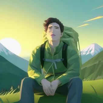 登山帰りの男性が疲れて座っている 登山帰りの男性が疲れて座っている 男性,漢,人物のイラスト素材