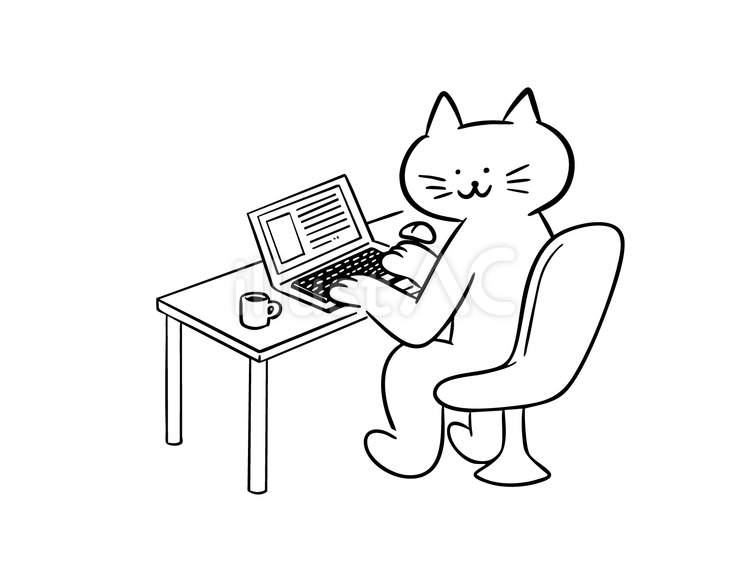 ノートPCで作業をする猫（モノクロ） 猫,ノートパソコン,pcのイラスト素材
