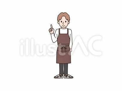 片手で指差すエプロンの男性_brown