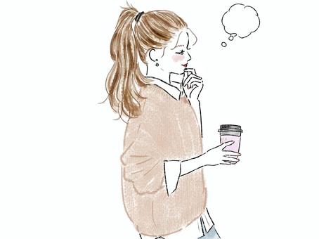 手をあごに考えるポニテ女性　吹き出し 女性,考える,吹き出し,ポニーテール,横顔,手,顎,あご,コーヒー,ニットのイラスト素材
