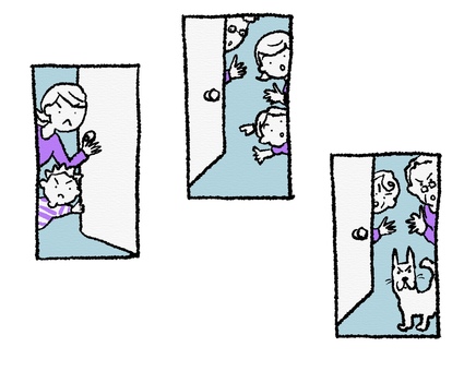 招かれざる客をドアで拒む家族 拒否,不審者,押し売り,玄関,来客拒否,女性,防犯,日常,生活,断るのイラスト素材