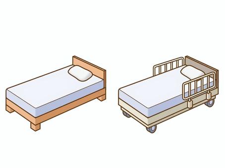 ベッド／介護ベッド：マット、枕あり ベッド,リクライニングベッド,寝具,家具,木材,木製,金属,柵,キャスター,マットのイラスト素材