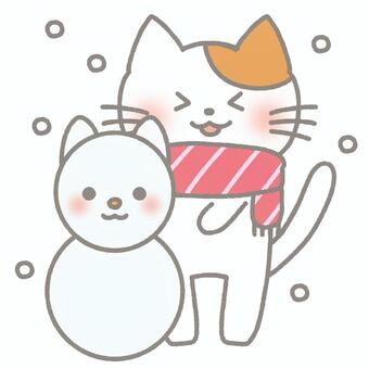 雪だるまと猫（赤マフラー） 猫,動物,雪だるま,雪,冬,マフラー,かわいい,イラスト,手書き,素材のイラスト素材