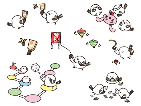 お正月の遊びをするシマエナガセット シマエナガ,エナガ,鳥,野鳥,動物,お正月,賀正,年賀,羽つき,羽子板のイラスト素材