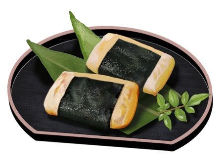 磯辺焼き26B 磯辺焼き,磯辺巻き,餅,磯辺餅,黒半月盆,正月,2個,食べ物,日本食,和食のイラスト素材