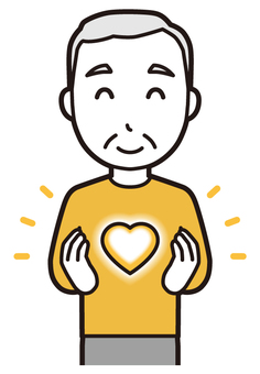  ロンTお爺さん(黄)-327-バスト ハート,お爺さん,高齢者,老人,男性,祖父,人物,かわいい,感謝,安心のイラスト素材