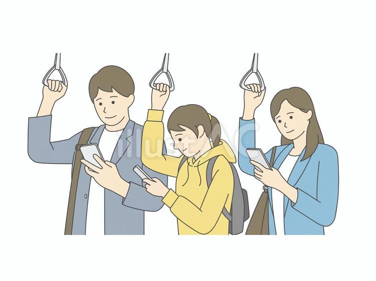 電車の中でスマホを見る人たち 電車,車内,吊り革のイラスト素材