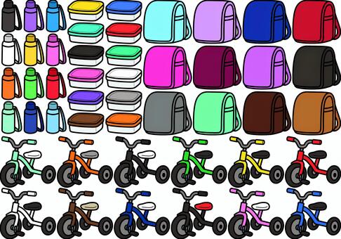 子供のアイテムです。 水筒,タッパー,ランチボックス,シンプル,弁当箱,ランドセル,小学生,通学,三輪車,乗り物のイラスト素材