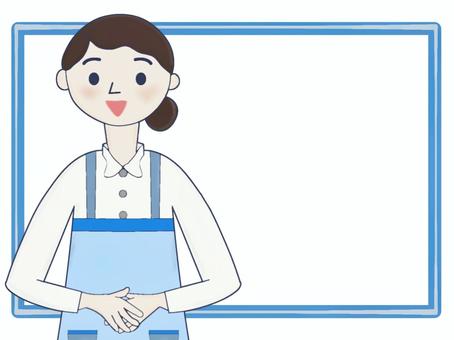 エプロンスタッフのお知らせ枠1 スーパー,店員,販売スタッフ,レジスタッフ,接客,接客業,サービス業,エプロン,制服,笑顔のイラスト素材