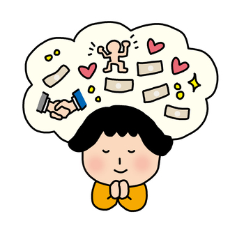 色々願う女性 人物,女性,大人,二頭身,ポーズ,手描き,かわいい,引き寄せ,願望,スピリチュアルのイラスト素材