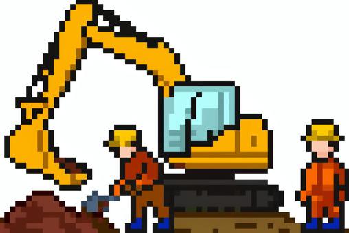 ドット絵のショベルカーを使った工事現場。 ドット絵,ショベルカー,シンプル,建設,現場,重機,作業員,工事,土木,機械のイラスト素材