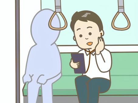 電車ないでスマホを使用　スキマ時間で学習 男性,スマホ,電車内,座席,スキマ時間,座る,学習,聞く,曲,英会話のイラスト素材
