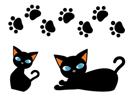 黒猫 ねこ,足跡,黒,ペット,肉球,かわいい,しっぽ,青い目,耳のイラスト素材