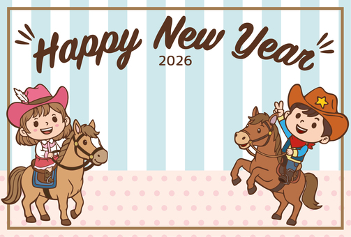 2026年-午年年賀状-18（横） 年賀状,カウボーイ,カウガール,馬,ポニー,午,午年,干支,年賀状素材,お正月のイラスト素材