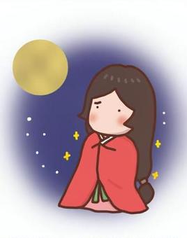 月を見て切なくなる、着物を着た女性 月,悲しい,女性,着物,赤色のイラスト素材