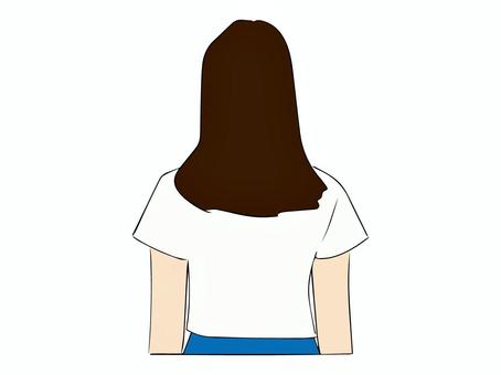 ロングヘアの女性の後ろ姿 女性,後ろ姿,ロングヘア,tシャツ,半袖,白,上半身,立ち姿,手描きのイラスト素材