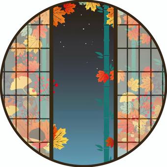 丸窓秋フレーム2 丸窓,飾り枠,和室,秋,フレーム,紅葉,夜,星空,夜中,夜空のイラスト素材