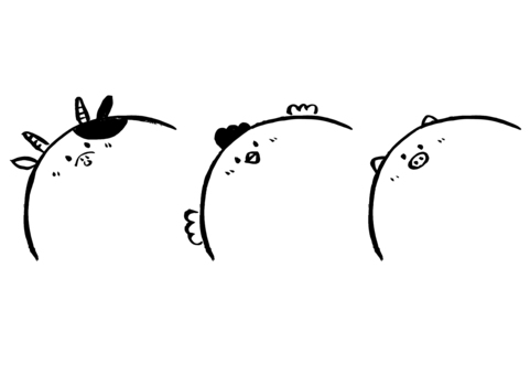 牛豚鶏の精肉の動物半円フレームセット 黒 牛,豚,鶏,フレーム,肉,精肉,枠,半円,モノクロ,動物のイラスト素材