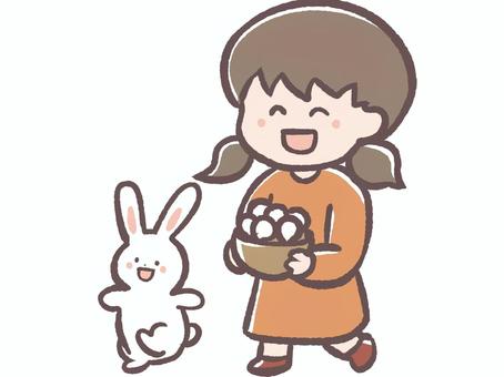 お月見団子と女の子とうさぎさん お月見,女の子,うさぎ,秋,9月,10月,人物,子供,園児,児童のイラスト素材