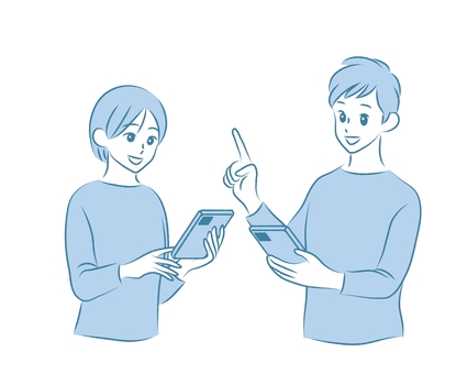 携帯電話を操作する女性と男性　モノトーン 携帯電話,操作,女性,男性,笑顔,バストアップ,ネット,メール,アイコン,モノトーンのイラスト素材