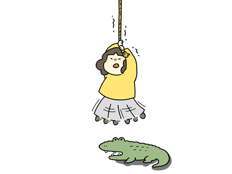 ロープにしがみつく人（ワニ） ワニ,危険,危ない,危機,女性,助けて,ピンチ,ロープ,紐,ぶら下がるのイラスト素材