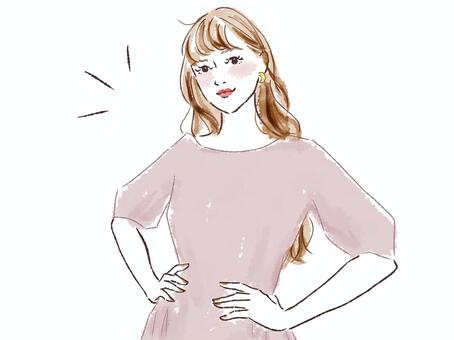 腰に手を当てるロングヘアの女性 女性,ロングヘア,ファッション,ナチュラル,水彩,大人女子,挿し絵,外国,手描き,ゆるふわのイラスト素材