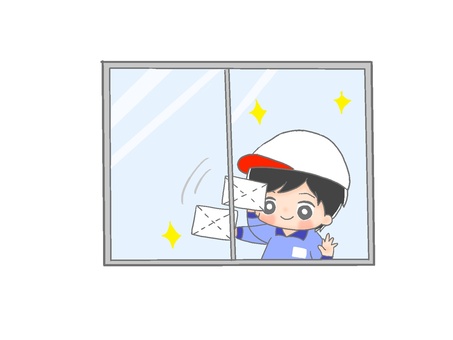 窓拭き　白組２ 手描き,男の子,黒髪,小学生,掃除,清掃,大掃除,雑巾,水ぶき,拭くのイラスト素材