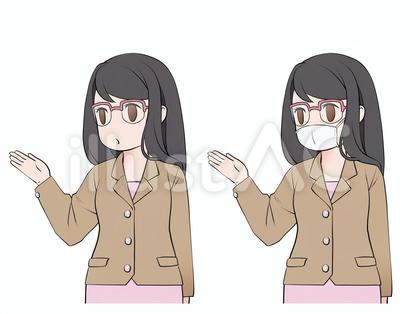 説明する、案内する、紹介する眼鏡の女性