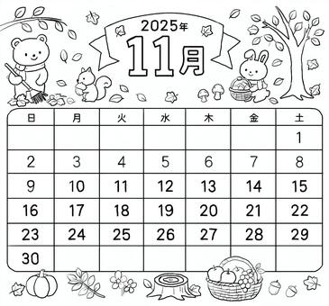 秋の動物2025年11月カレンダー線画 カレンダー,2025年,11月,秋,落ち葉,紅葉,くま,うさぎ,りす,木のイラスト素材