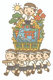 お祭りで神輿を担ぐ男の子たち