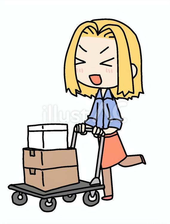 笑顔で台車で箱を運ぶ金髪女性 金髪,台車,運ぶのイラスト素材