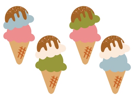 2段のチョコがけアイスクリーム4種 アイスクリーム,ソフトクリーム,デザート,スイーツ,アイス,チョコレートソース,2段アイス,コーン,アイコン,デジタルステッカーのイラスト素材