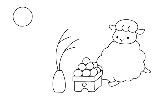 ひつじさんとお月見（線画） ひつじ,月,満月,月見,月見団子,すすき,干支,かわいい,ほのぼの,手描きのイラスト素材