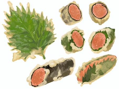 リアルすぎない明太子の天ぷらセット 食べ物,天ぷら,明太子,大葉,青しそ,海苔,揚げ物,和食,ご当地グルメ,博多名物のイラスト素材