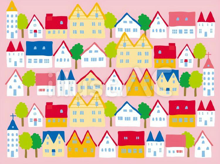 外国の街並春 家,街,手書きのイラスト素材