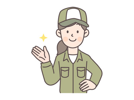 腰に手を当てて案内する配達員女性 配送員,作業員,倉庫,作業,配送,物流,スタッフ,物流倉庫,つなぎ,宅配のイラスト素材