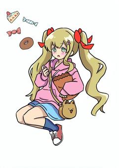 おやつと女の子 人物,女の子,金髪,ロング,ツインテール,ウェーブ,髪飾り,リボン,私服,パーカーのイラスト素材