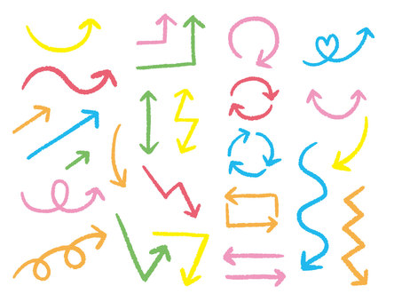 手描きカラフル矢印セット 矢印,手描き,手書き,フリーハンド,カラフル,シンプル,上矢印,下矢印,右矢印,左矢印のイラスト素材