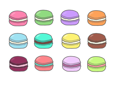 マカロンのイラストセット マカロン,お菓子,スイーツ,デザート,洋菓子,おやつ,カラフル,イラスト,セット,かわいいのイラスト素材