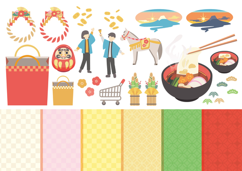 1月のセット 正月初売り 1月,セット,正月,初売り,冬,季節,イベント,人物,スタッフ,販売のイラスト素材