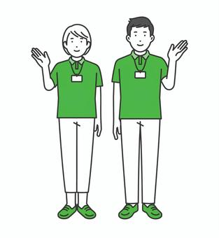 等身大,スタッフ男女 線画,ポーズ,日本人,女性,男性,キャラクター,介護福祉,フラット,ベクター,人のイラスト素材