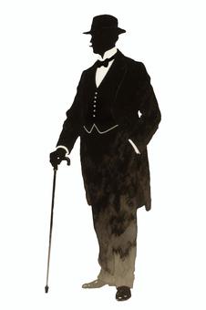 ステッキを持った紳士のシルエット 紳士,スーツ,帽子,ジェントルマン,英国,ステッキ,男性,シルエット,貴族,上品のイラスト素材