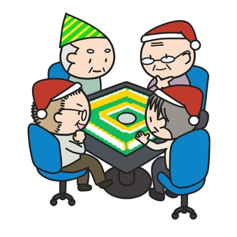 クリスマスに麻雀を楽しむおじいちゃんたち 麻雀,クリスマス,四人麻雀,四麻,4人,麻雀卓,卓,自動麻雀卓,牌,健康麻雀のイラスト素材