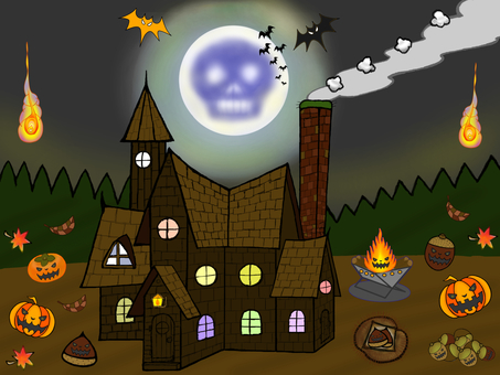 満月のハロウィン_魔女の家とお化け達 ハロウィン,ケルト神話,ダーク,ハーフ,祖先,霊魂,崇拝,祈祷,お祭り,どくろのイラスト素材