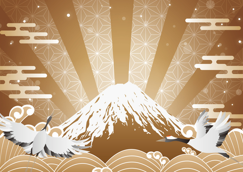 金色の富士山と鶴の和風素材 和風,和柄,富士山,日本,鶴,海,波,雲,集中線,背景のイラスト素材