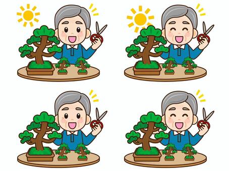 盆栽を育てる老人のイラスト素材セット 盆栽,シニア,高齢者,老人,男性,植物,園芸,おじいちゃん,人物,剪定のイラスト素材