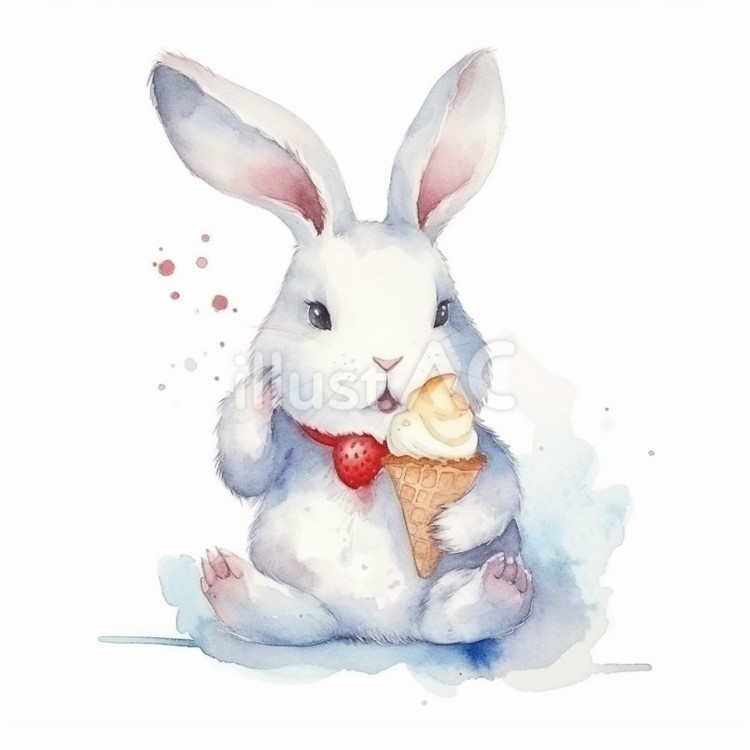 アイスを食べるウサギ　イラスト 動物,かわいい,ふんわりのイラスト素材